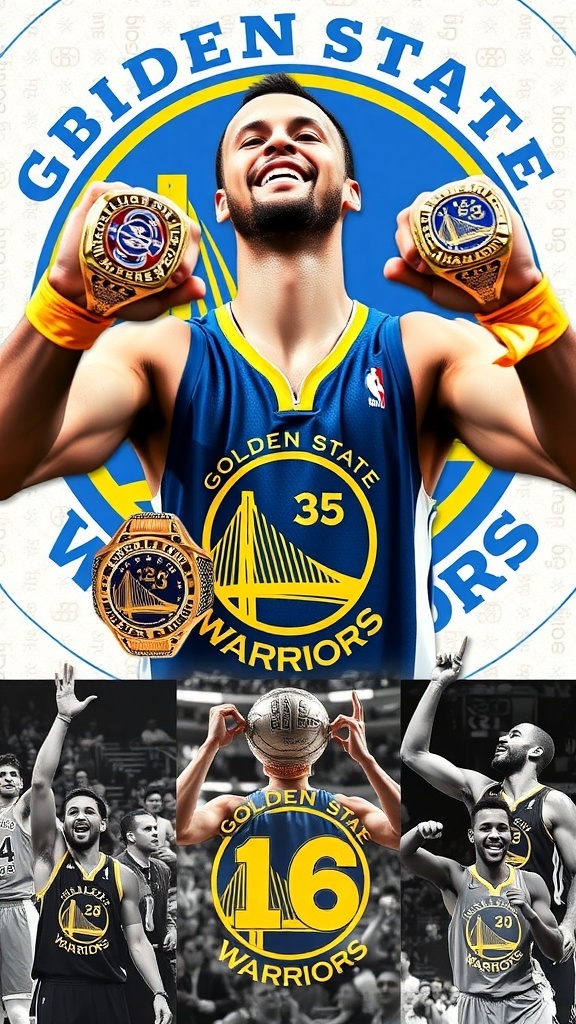 Stephen Curry with his four championship rings, celebrating his achievements with the Golden State Warriors.